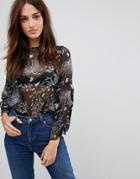 Influence Split Tie Sleeve Floral Blouse - Black