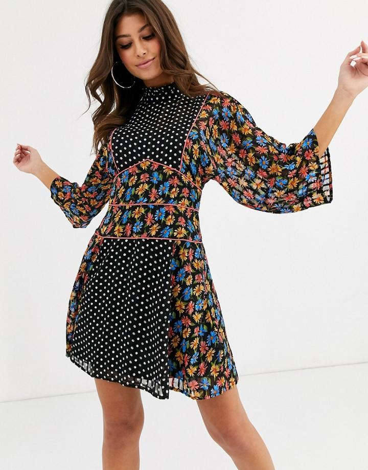 Asos Design High Neck Mini Dress In Mixed Floral And Polka Dot