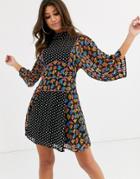 Asos Design High Neck Mini Dress In Mixed Floral And Polka Dot