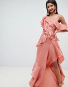 Asos Design Floaty Satin Ruffle Maxi Dress-pink