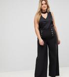 Flounce London Plus Wide Leg Tailored Pants With Gold Button Detail - Black