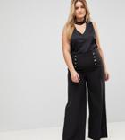 Flounce London Plus Wide Leg Tailored Pants With Gold Button Detail - Black