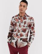 Twisted Tailor Long Sleeve Shirt With Splice Floral Stripe Print - Brown