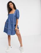 Missguided Denim Smock Dress With Square Neck-blues