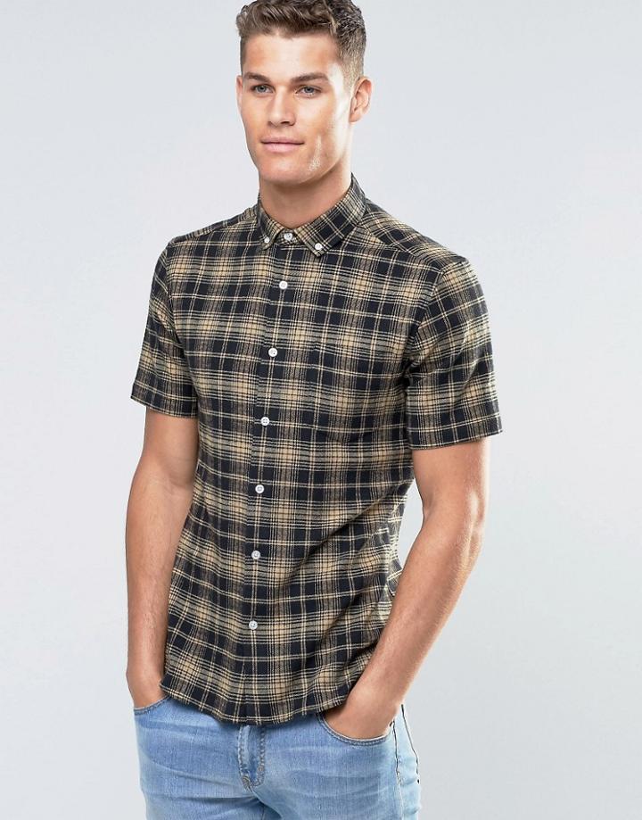 Asos Skinny Shirt With Mid Scale Check In Camel With Short Sleeves - Tan