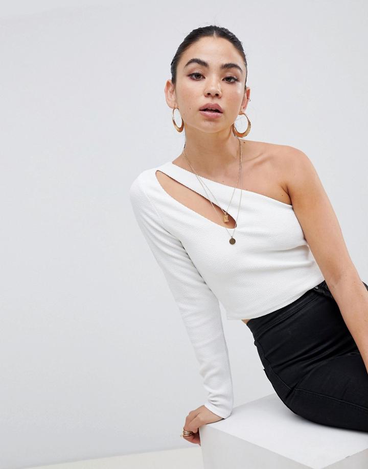 Asos Design Asymmetric Cut Out Top In Texture - White
