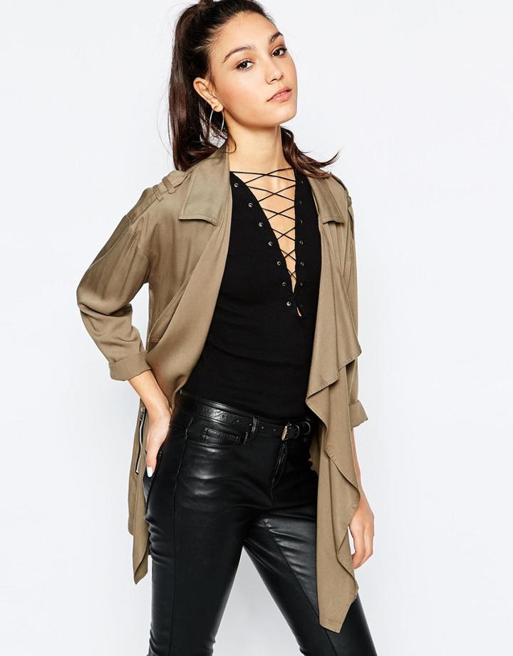Daisy Street Waterfall Relaxed Duster Coat - Khaki