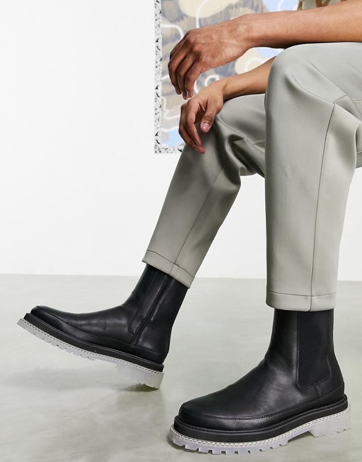 Asos Design Chelsea Calf Boots In Black Faux Leather With Clear Chunky Sole