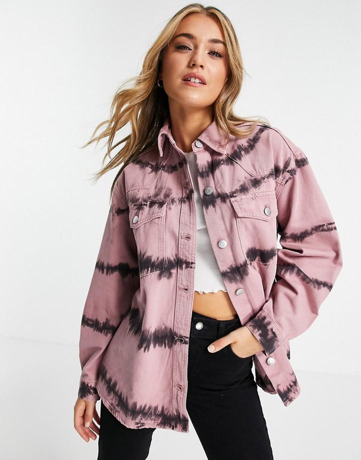 Monki Lovi Organic Cotton Coordinating Denim Shirt With Pockets In Tie-dye Stripe-multi