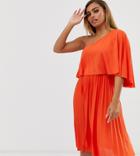 Asos Petite One Shoulder Pleated Crop Top Midi Dress-orange