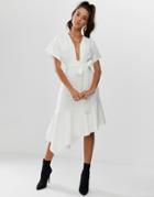 Asos Design Deep V Pep Hem Midi Dress - White