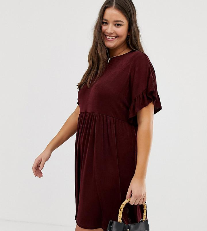 Asos Design Curve Metallic Frill Sleeve Smock Dress - Red