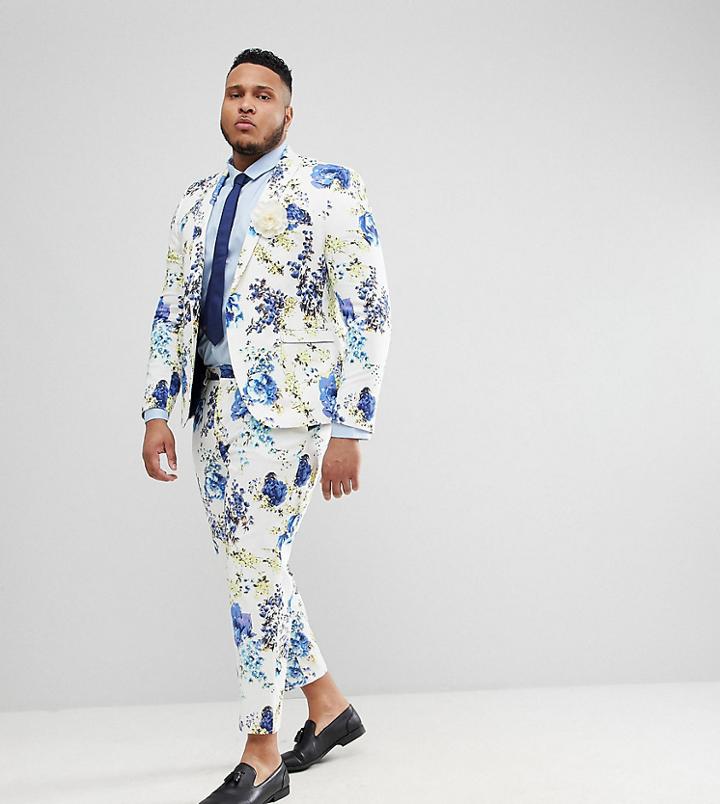 Asos Design Plus Wedding Skinny Suit Pants In White Cotton Floral Print - White