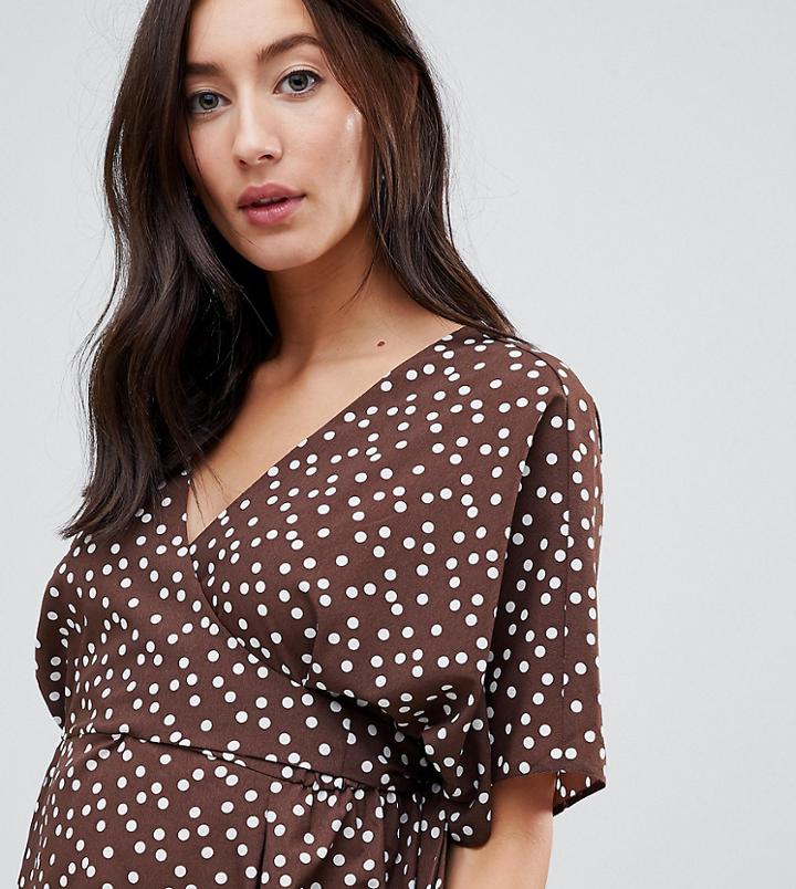 Asos Design Maternity Long Sleeve Wrap Top With Kimono Sleeve In Polka Dot-multi