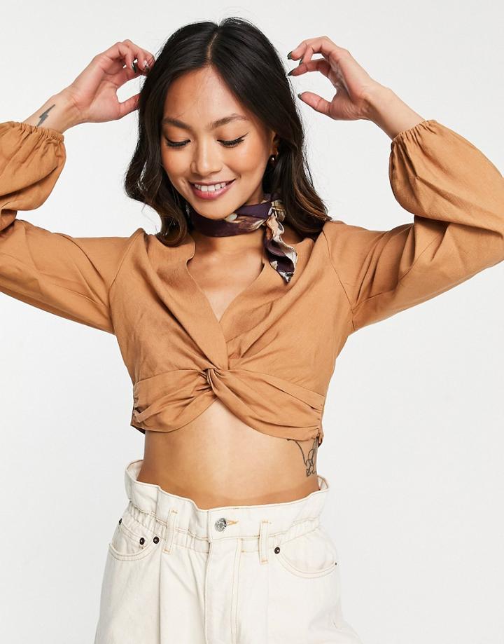 Asos Design Long Sleeve Coordinating Wrap Top In Tan-brown