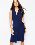 Asos Soft Wrap Pencil Dress With D-ring - Navy