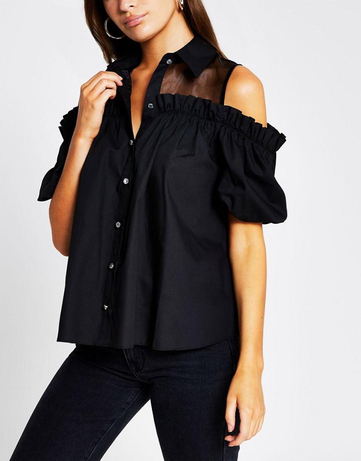 River Island Cold Shoulder Shirt In Black