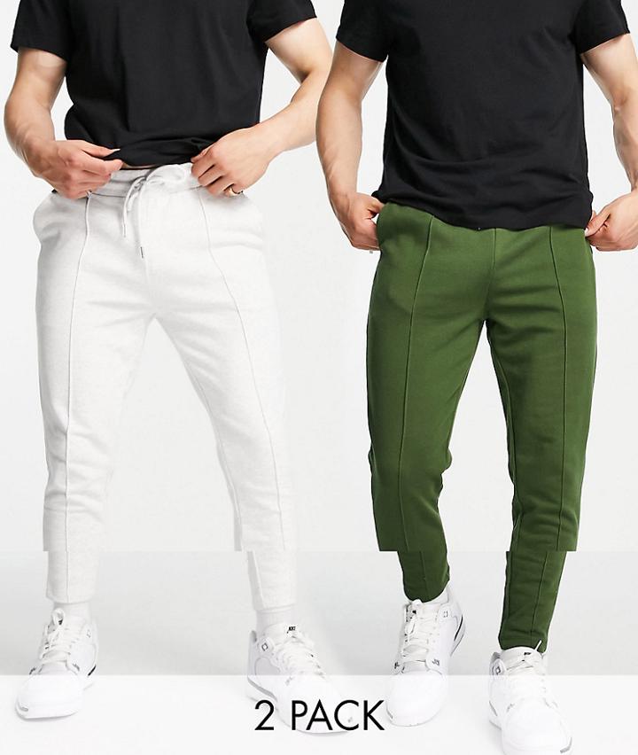 Asos Design Organic Smart Skinny Sweatpants With Pin Tuck Front 2 Pack In Green/white Heather-multi