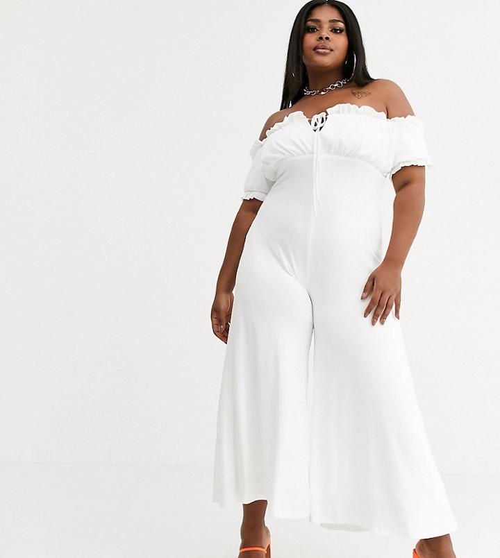 Koco & K Plus Off Shoulder Milkmaid Culotte Jumpsuit In White