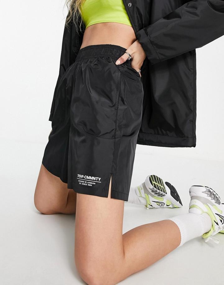 Topshop Set Sporty Nylon Pull On Short With Leg Graphic In Black
