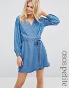 Asos Petite Denim Soft Wrap Mini Dress In Mid Wash - Blue