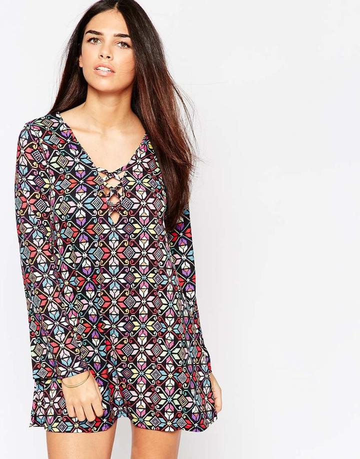 Motel Miriam Dress With Lace Up Front In Bohemian Print - Multi