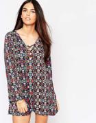 Motel Miriam Dress With Lace Up Front In Bohemian Print - Multi