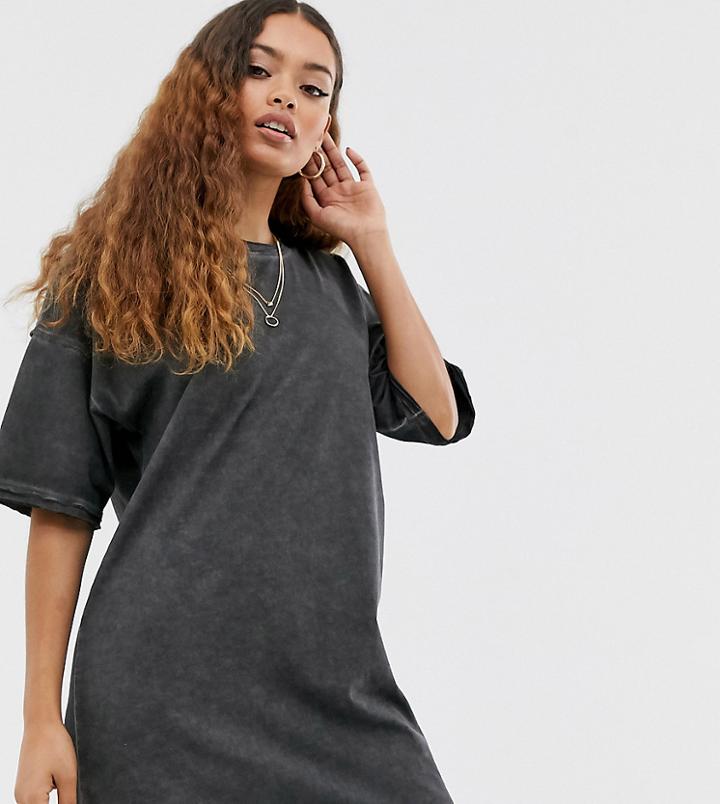 Asos Design Petite Oversized T-shirt Dress With Raw Edge-black