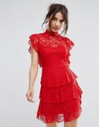 Prettylittlething Lace High Neck Frill Bodycon Dress - Red
