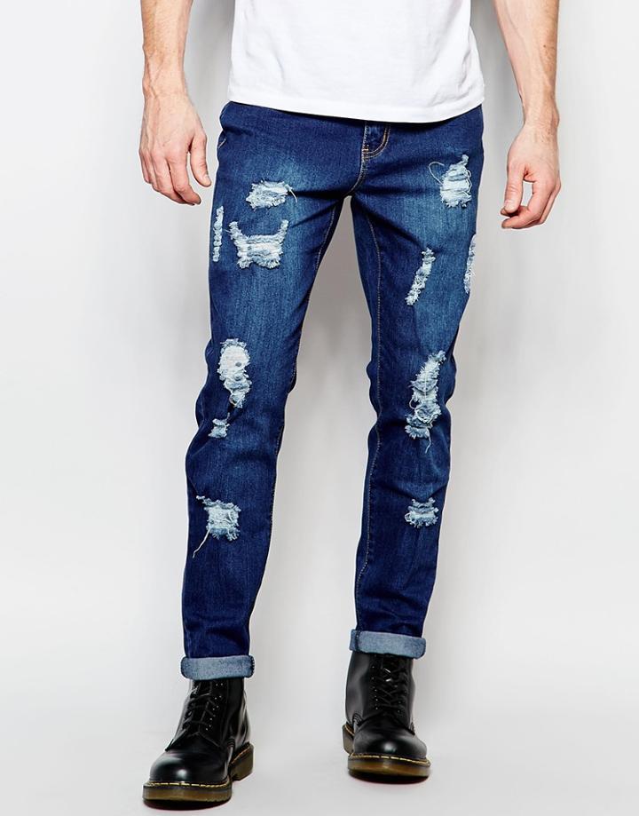 Liquor & Poker Slim Distressed Jeans In Mid Indigo - Mid Indigo
