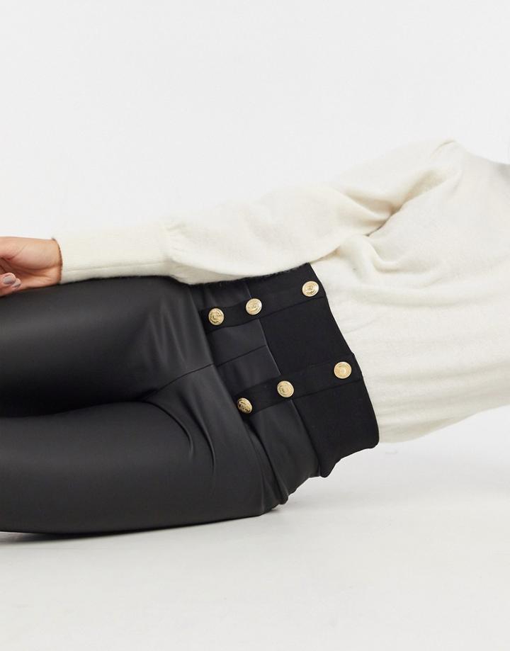 River Island Button Front Faux-leather Leggings In Black