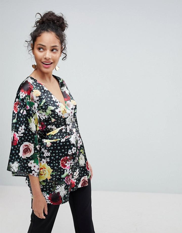 Asos Kimono Wrap Top In Digi Floral - Multi
