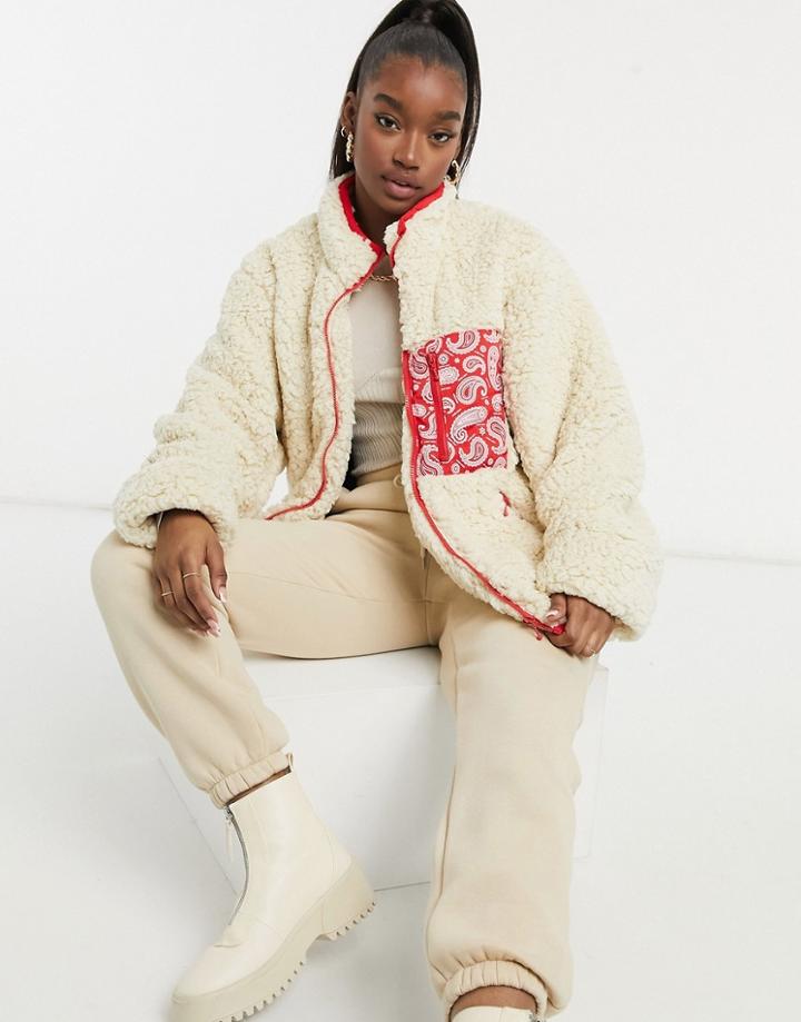 Night Addict Oversized Oversized Borg Jacket With Bandana Pocket-white