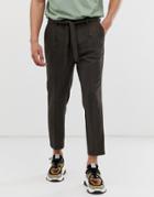 Asos Design Tapered Smart Pants In Brown Wool Mix Wide Herringbone With Tie Belt - Brown