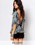 Milk It Vintage 3/4 Sleeve Top With Ruffle Hem And Deep V Strappy Back In Paisley - Multi