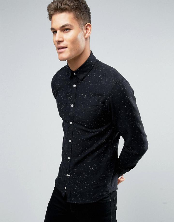 Celio Long Sleeve Regular Fit Shirt With All Over Fleck Detail - Black