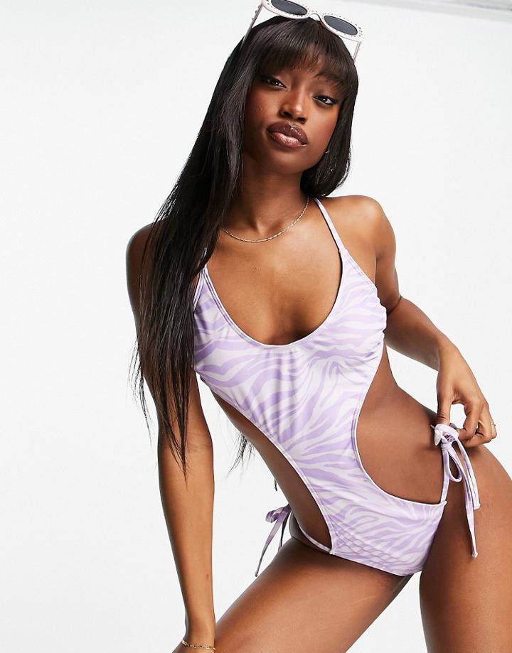 Luxe Palm Swimsuit With Lace Up Back In Gray Zebra Print
