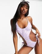 Luxe Palm Swimsuit With Lace Up Back In Gray Zebra Print