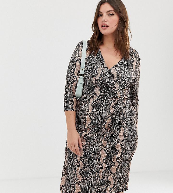 River Island Plus Wrap Dress With Buckle Detail In Snake Print - Multi