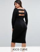 Asos Curve Strap Back Pini Bodycon Midi Dress With Long Sleeve - Black