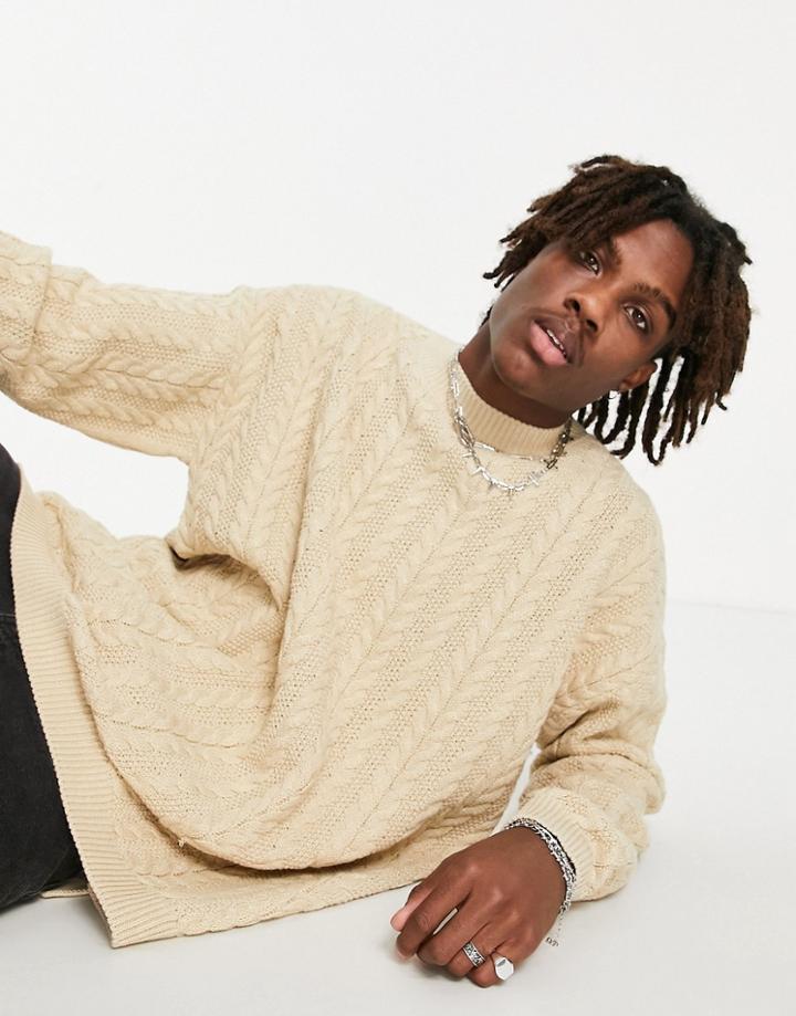 Asos Design Longline Cable Knit Sweater In Oatmeal-neutral
