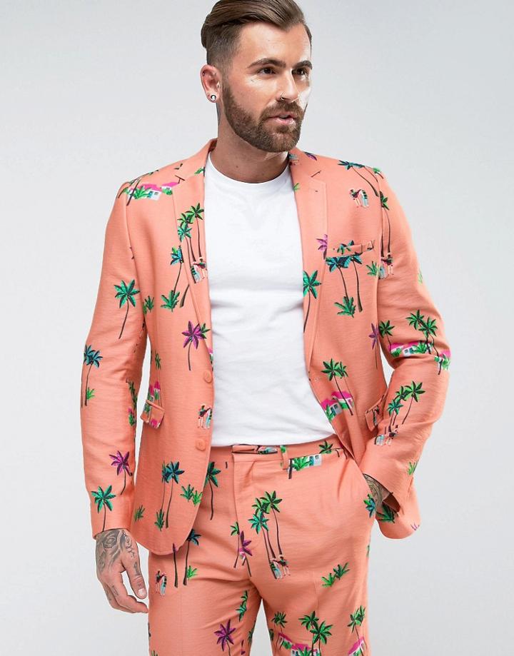 Asos Skinny Suit Jacket In Coral Tropical Print - Pink