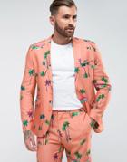 Asos Skinny Suit Jacket In Coral Tropical Print - Pink