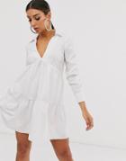 Asos Design Tiered Collared Cotton Smock Mini Dress With Long Sleeves-white