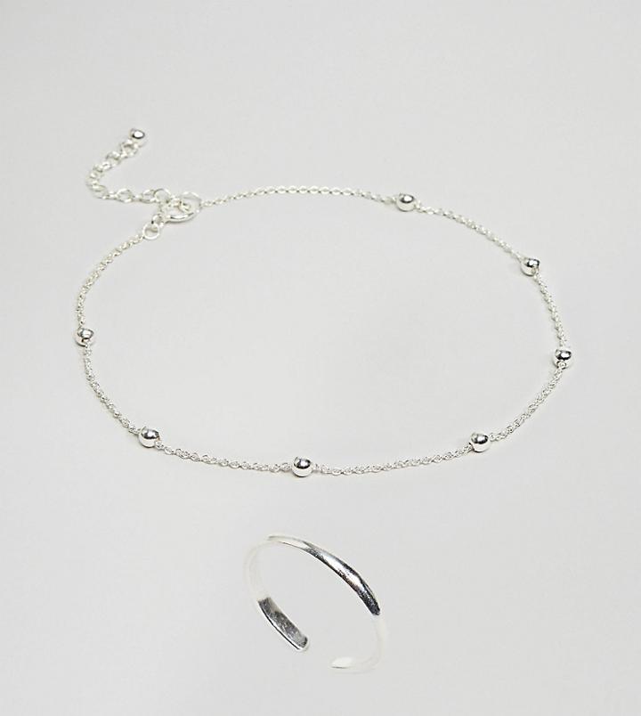 Asos Design Pack Of 2 Sterling Silver Anklet And Toe Ring In Dot Dash Design In Silver - Silver