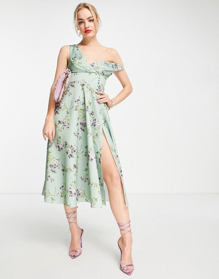 Asos Design Button Detail Midi Prom Dress In Sage Floral-multi