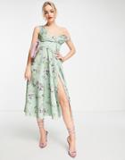 Asos Design Button Detail Midi Prom Dress In Sage Floral-multi