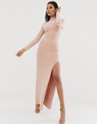 Club L London High Neck Long Sleeve Maxi Dress With High Thigh Split In Pink - Pink