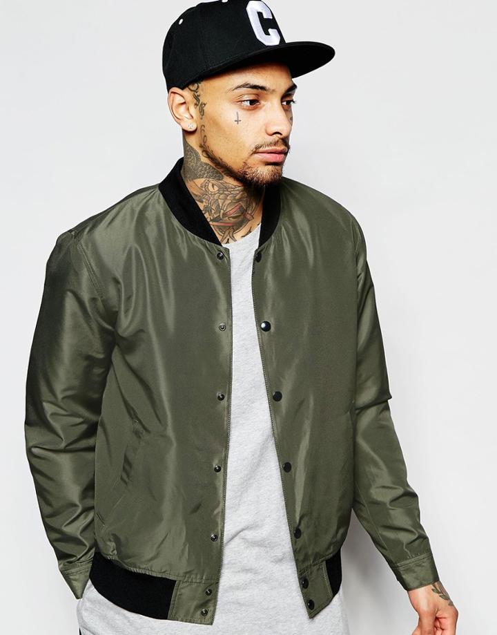 Asos Bomber Jacket With Poppers In Khaki - Khaki