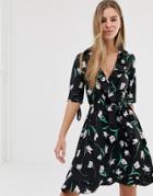 Influence Floral Wrap Dress With Tie Sleeve And Ruffle In Black - Black